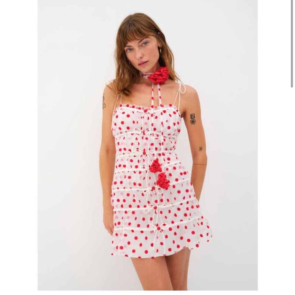 For Love & Lemons Women's Agata Mini Dress Polka Dot Ruffle Tiered Lined Small